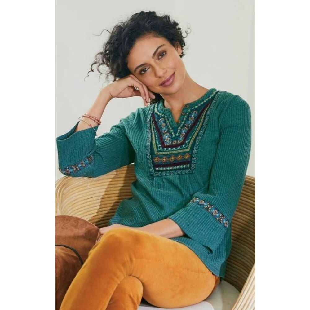 Soft Surroundings Gabriel Waffle Knit Embroidered Beaded Flared Sleeve Boho Top